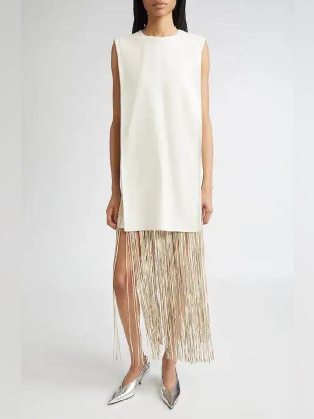 New Sportmax Finnici Fringe Cady Sheath Dress Faux Leather Cord US 10